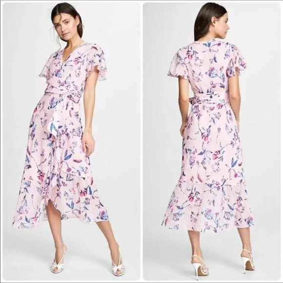Tanya Taylor Blaire Pink Floral Silk Ruffle MIDI Dress Faux Wrap Flowers 2 - Picture 2 of 12